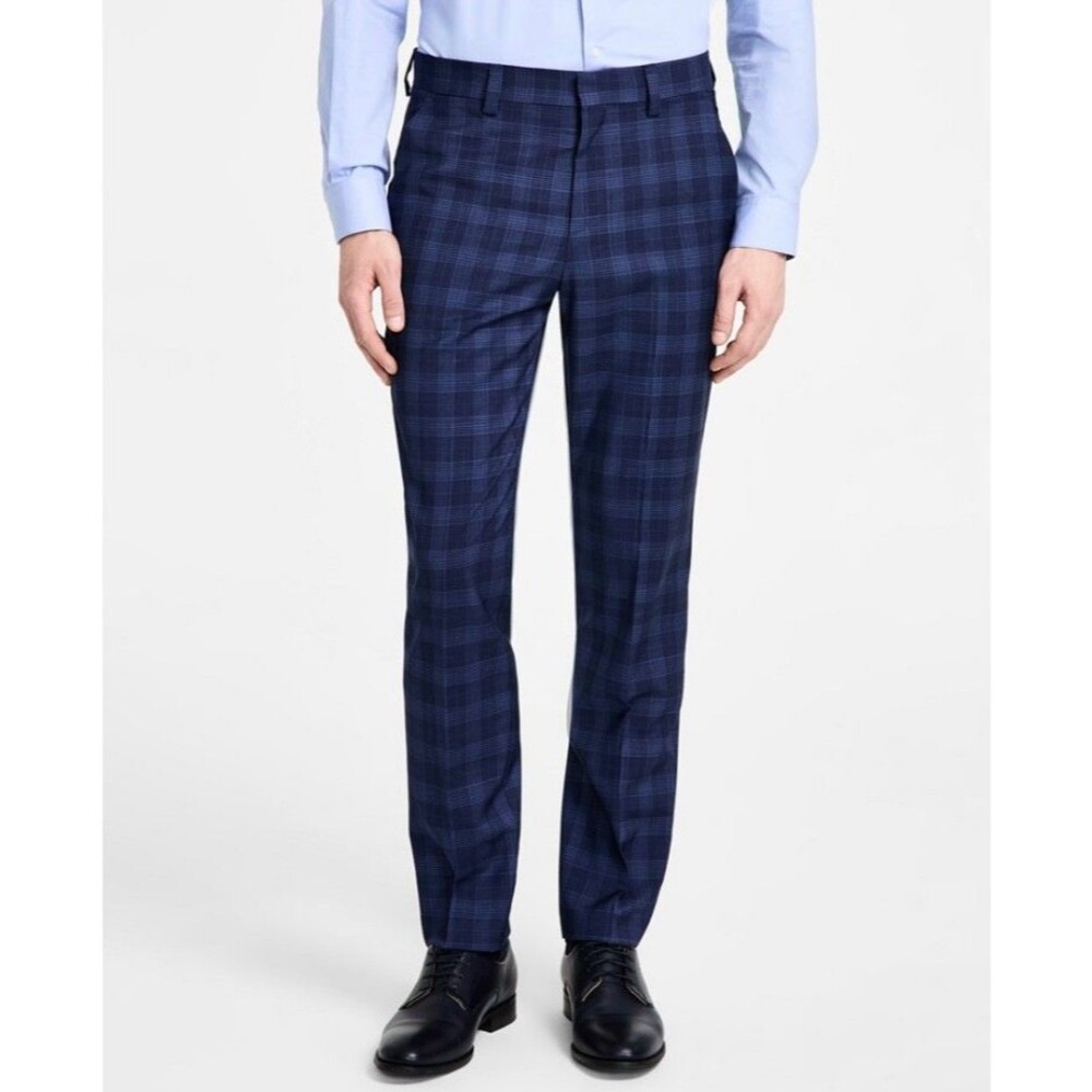 $198 NEW HUGO BOSS Mens 40x34 Blue Plaid 100% Wool Trousers/Dress Pants/Slacks